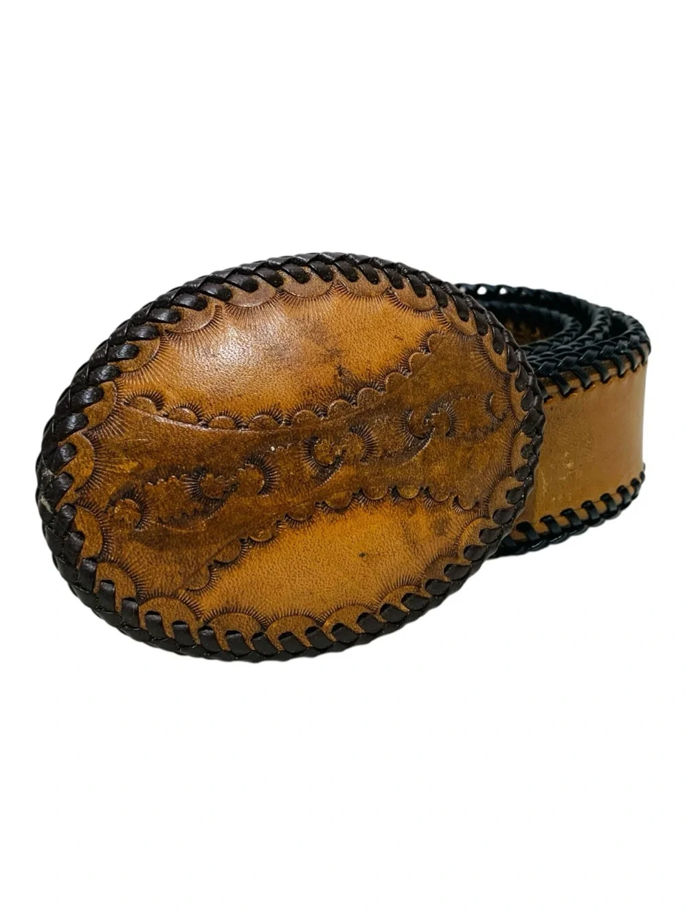 Vintage Leather Stitched Edge Belt With Leather Buckle Monogramed “James”